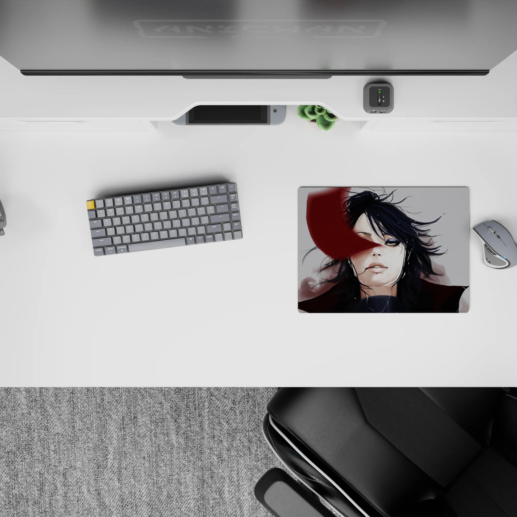 Moody gray-smoke anime mouse pad 14x10 inches, deep shadows with bold crimson face streak for late-night vibes.