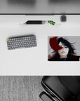 Moody gray-smoke anime mouse pad 14x10 inches, deep shadows with bold crimson face streak for late-night vibes.