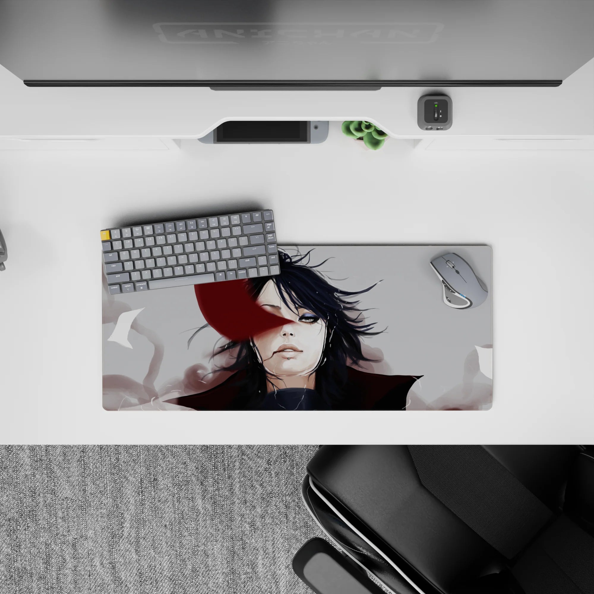 Dark gray smoke and deep shadows with bold crimson accent on an anime mouse pad 28x12 inches, late-night vibe.