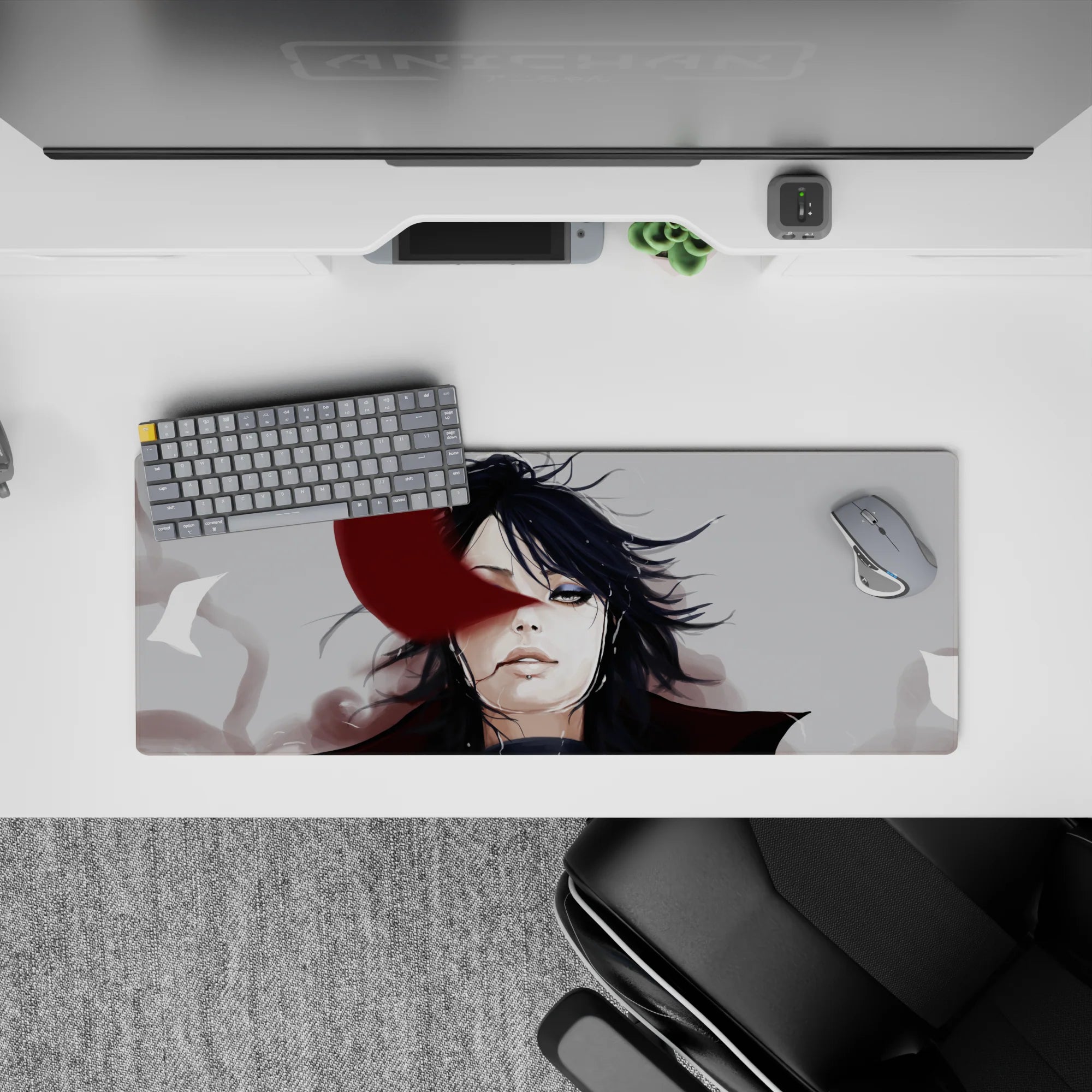 32x12 inches anime mouse pad in moody grays and deep shadows with bold crimson accents and late-night vibe.