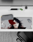 32x12 inches anime mouse pad in moody grays and deep shadows with bold crimson accents and late-night vibe.
