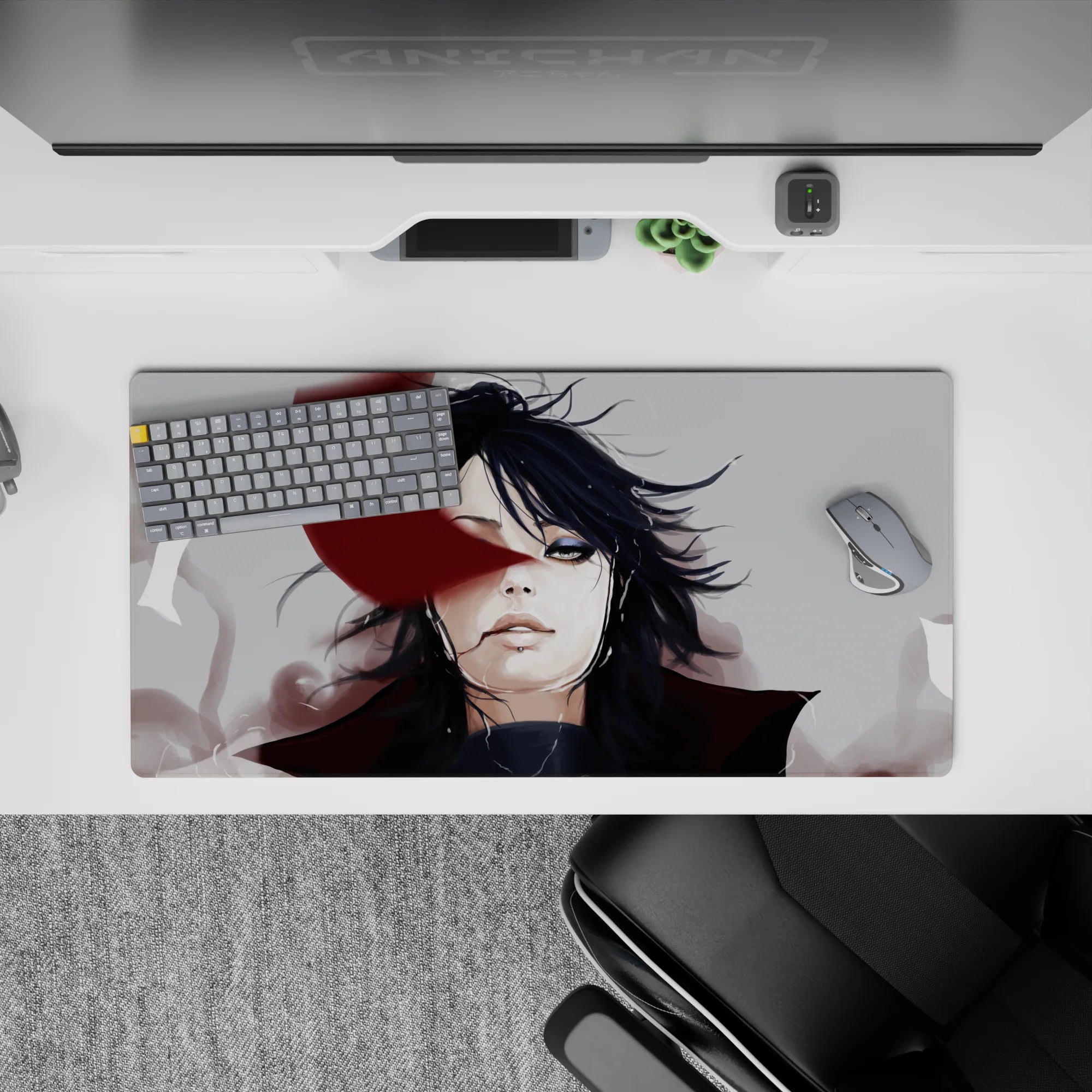 Moody anime mouse pad 32x16 inches in deep shadows, soft gray smoke, and bold crimson accent.