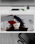 Moody anime mouse pad 32x16 inches in deep shadows, soft gray smoke, and bold crimson accent.