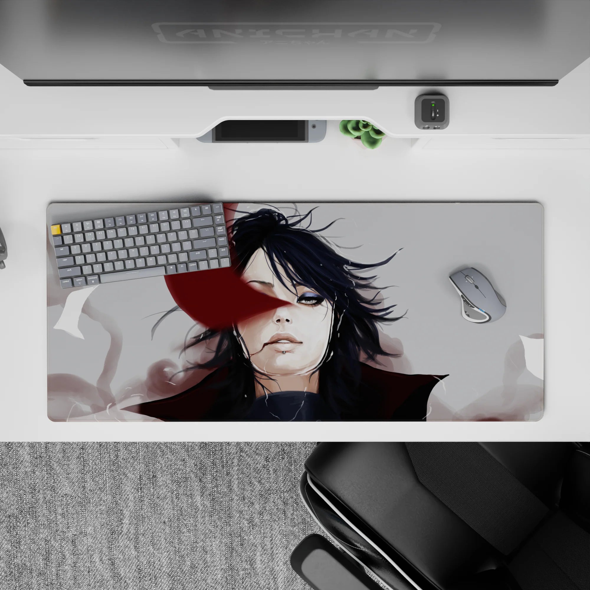 Moody gray-smoke anime desk pad 36x16 inches with deep shadows and a vivid crimson slash across the face.