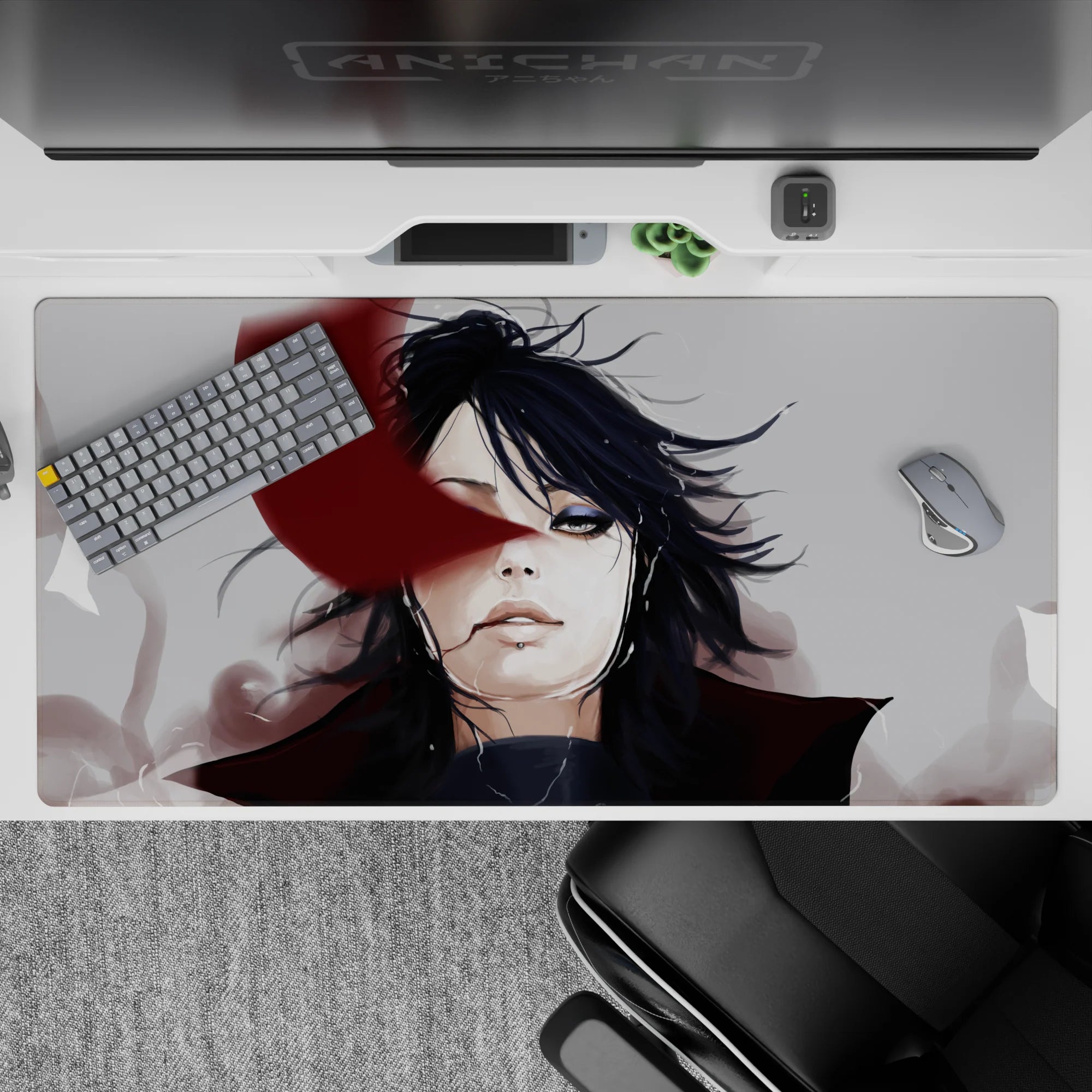 Moody anime desk pad 40x20 inches in deep shadows, soft gray smoke, and bold crimson accents.