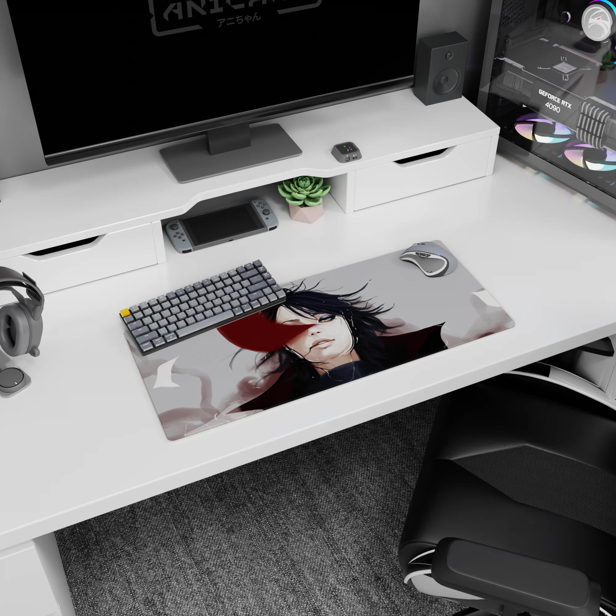 Calm black-haired anime character with red slash across the face, misty backdrop on mouse pad 28x12 inches.