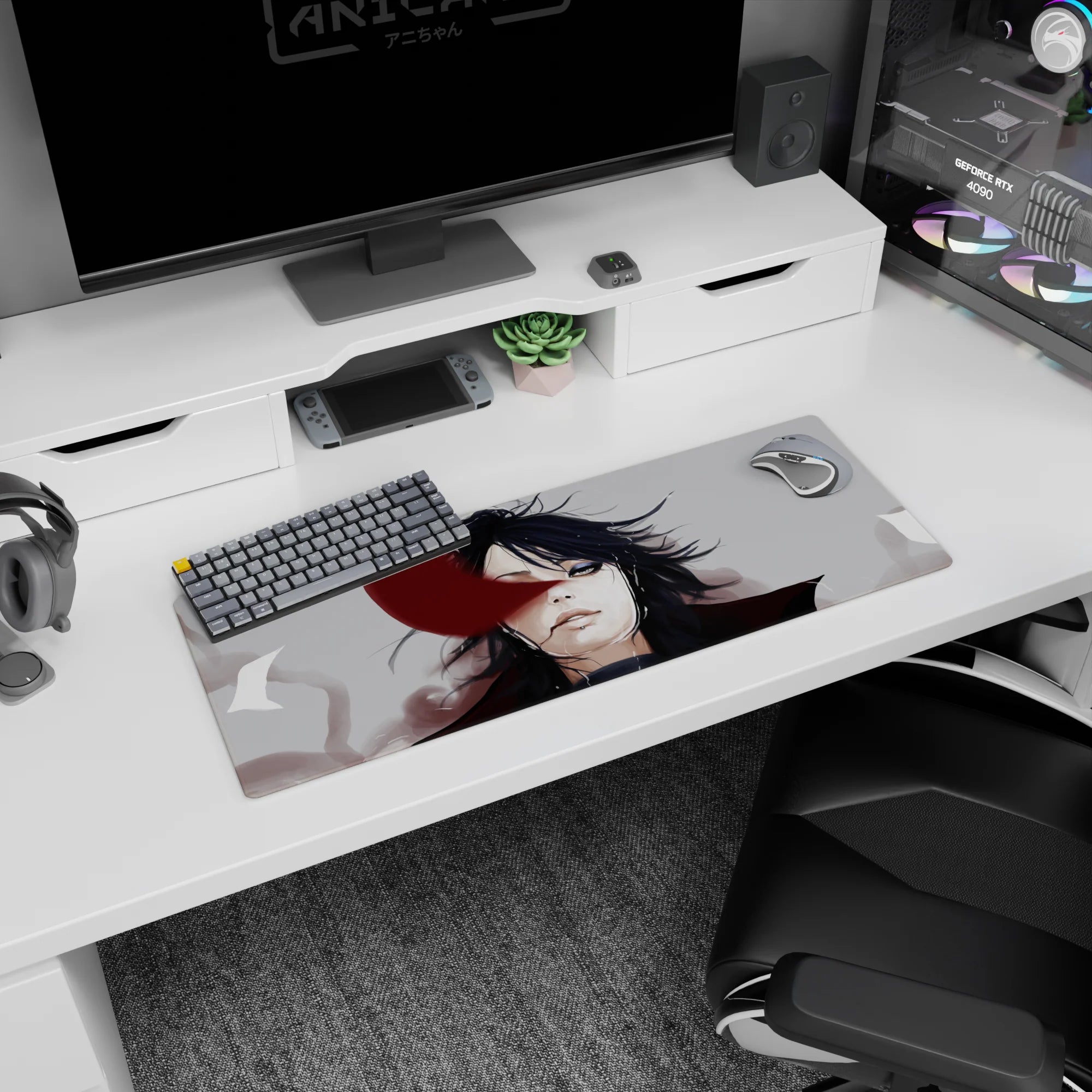 32x12 inches anime mouse pad featuring calm black-haired character, wind-tossed hair, red slash across face, smoke.