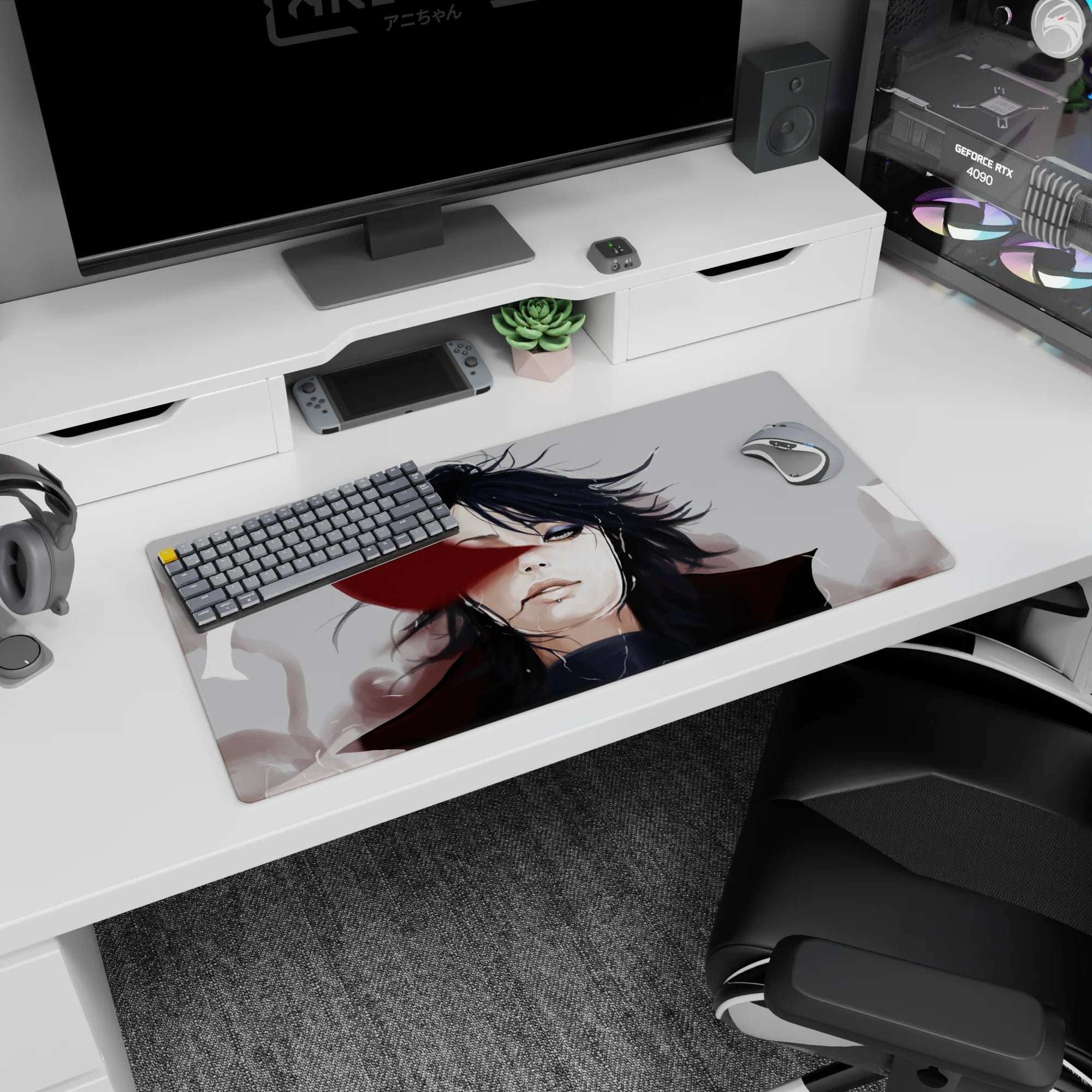 32x16 inches anime mouse pad featuring calm black-haired character, wind-tossed hair, red face streak.