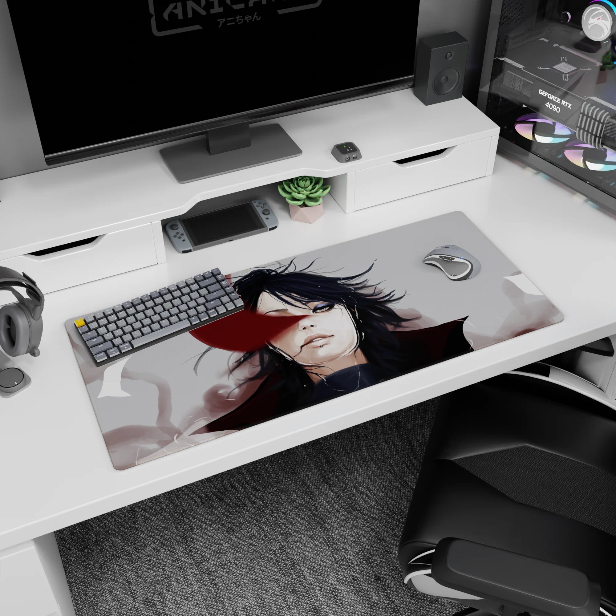 Calm black-haired anime character staring ahead on a 36x16 inches desk pad, red ribbon mark and haze behind.