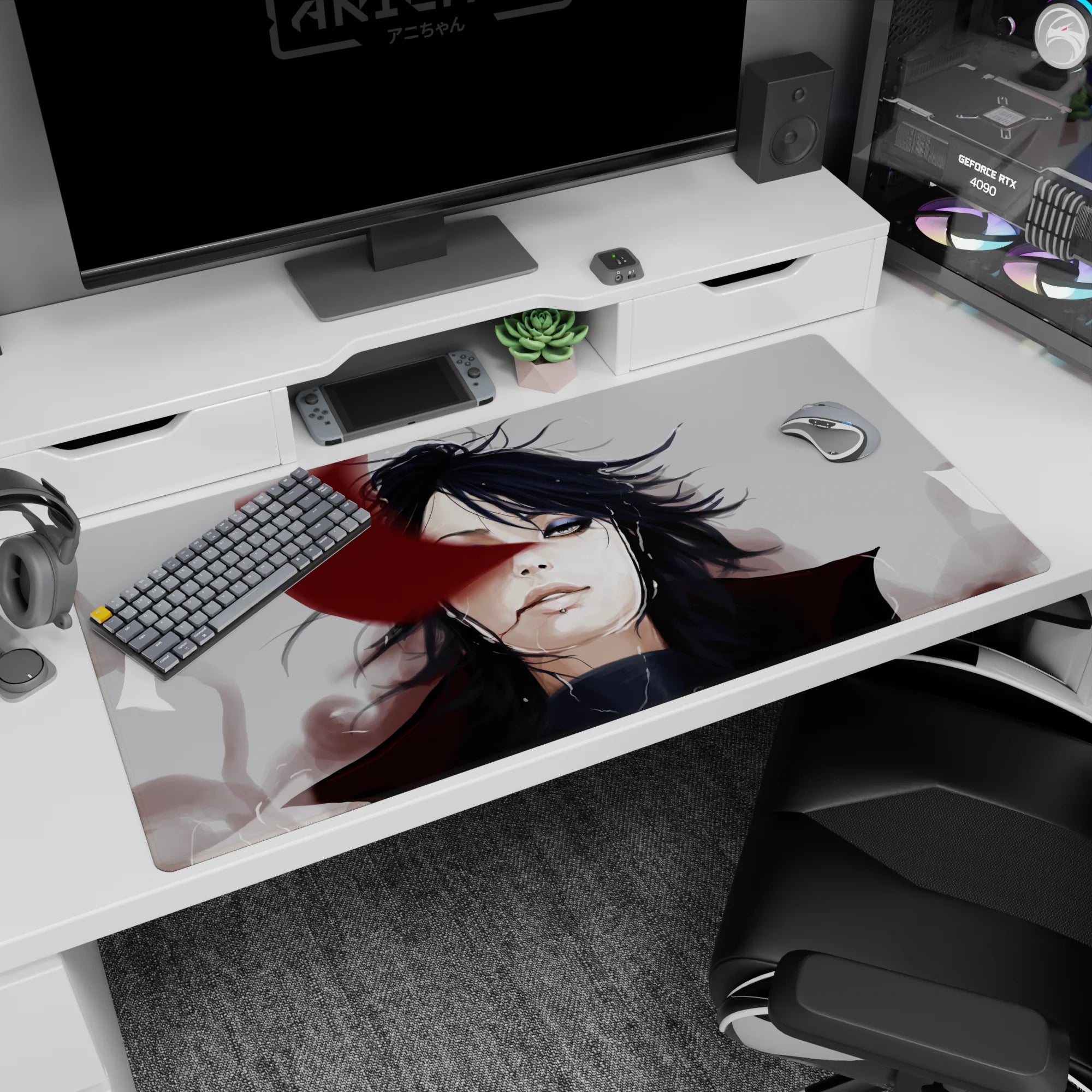40x20 inches anime desk pad showing calm black-haired figure with wind-tossed hair and red slash across face.