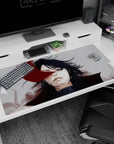 40x20 inches anime desk pad showing calm black-haired figure with wind-tossed hair and red slash across face.