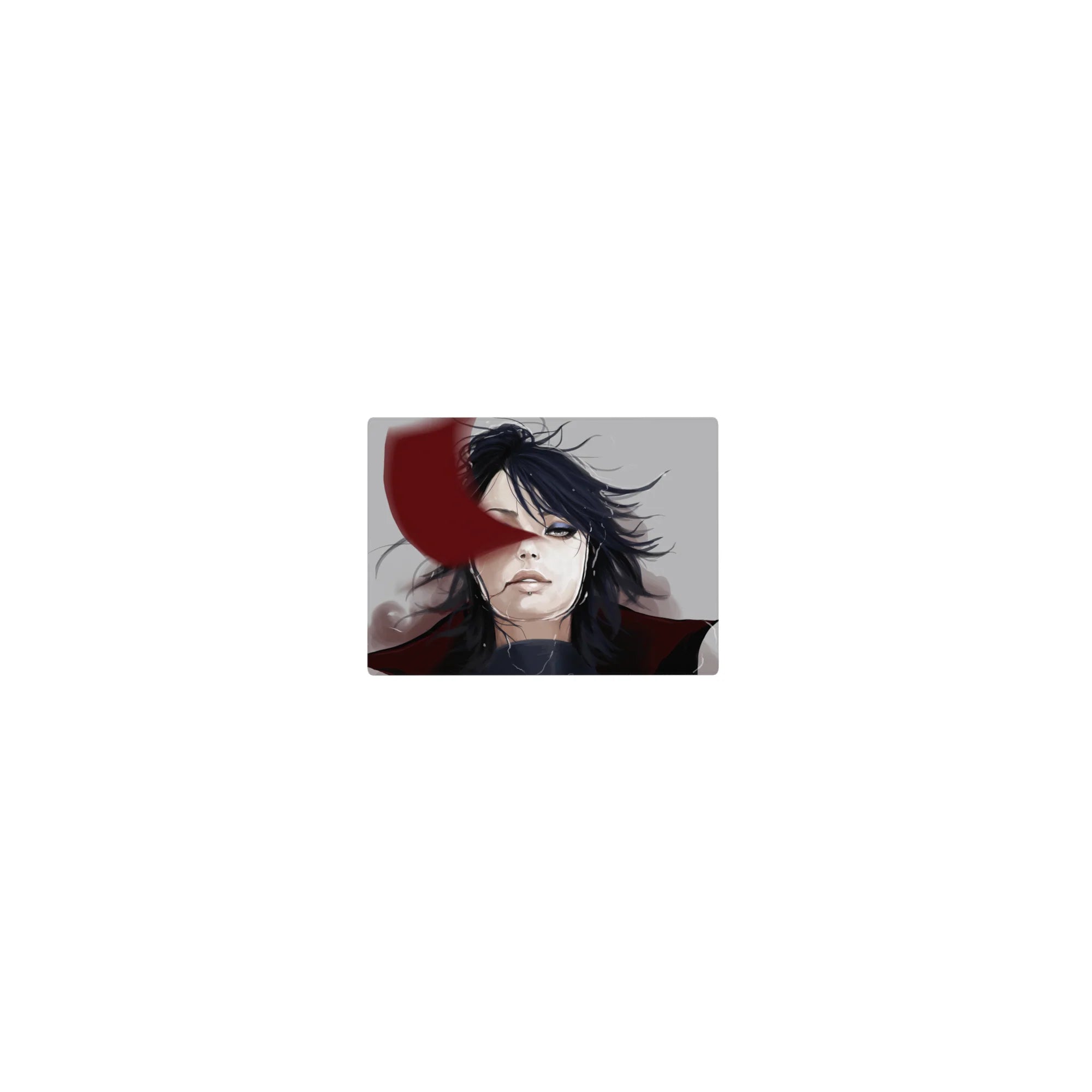 Classic anime mouse pad 14x10 inches with windblown black-haired figure, red ribbon slash, smoky backdrop.