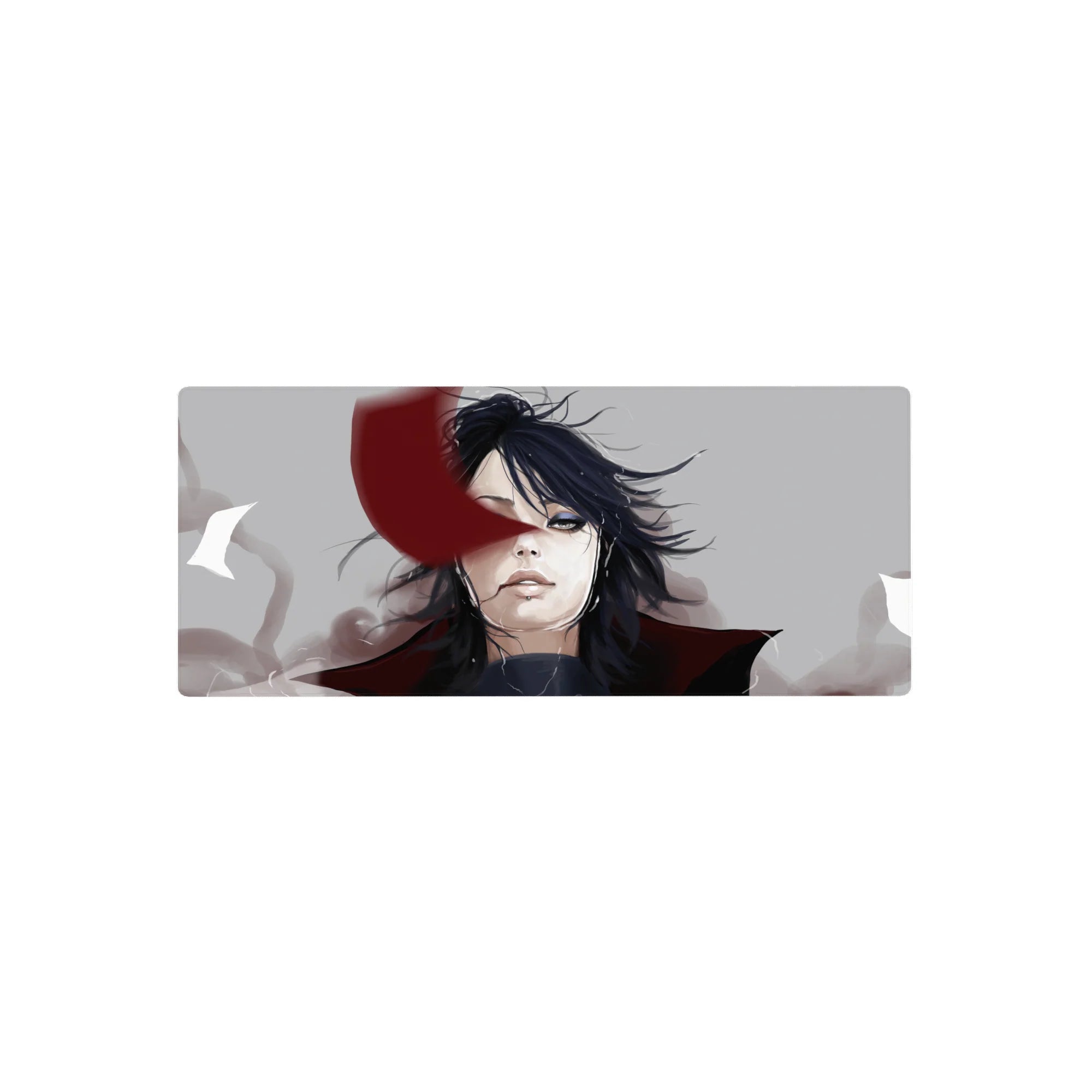 Moody anime mouse pad 28x12 inches with windblown black-haired figure and crimson face ribbon, smoky gray.