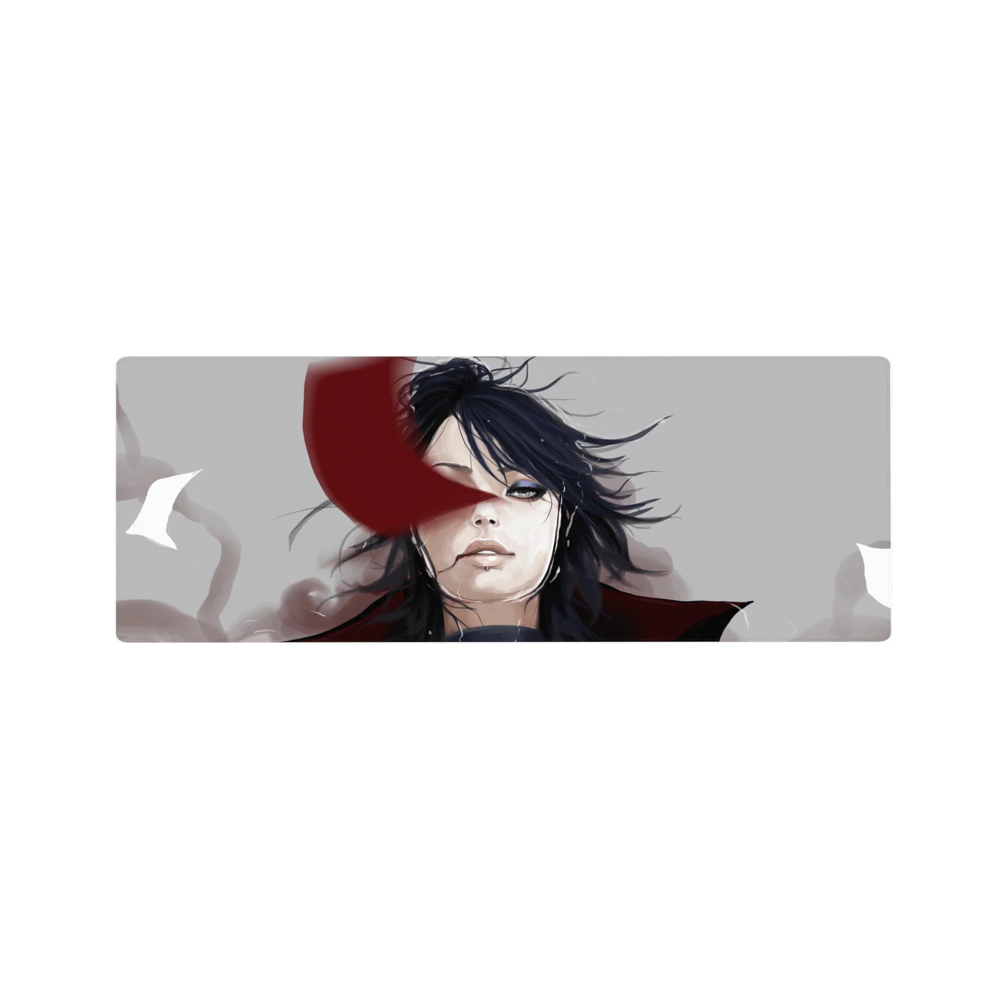 32x12 inches anime mouse pad with dramatic black-haired portrait, red ribbon-like face streak, smoky backdrop.