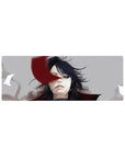32x12 inches anime mouse pad with dramatic black-haired portrait, red ribbon-like face streak, smoky backdrop.