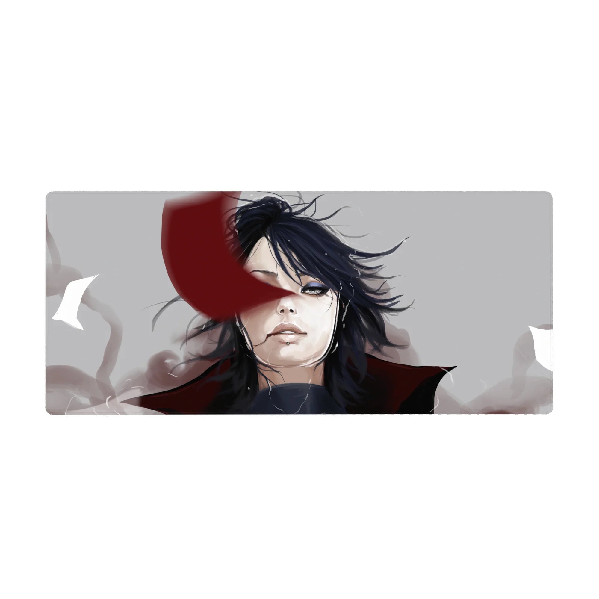 Anime desk pad 36x16 inches with windblown black-haired character and bold red face ribbon, smoky backdrop.