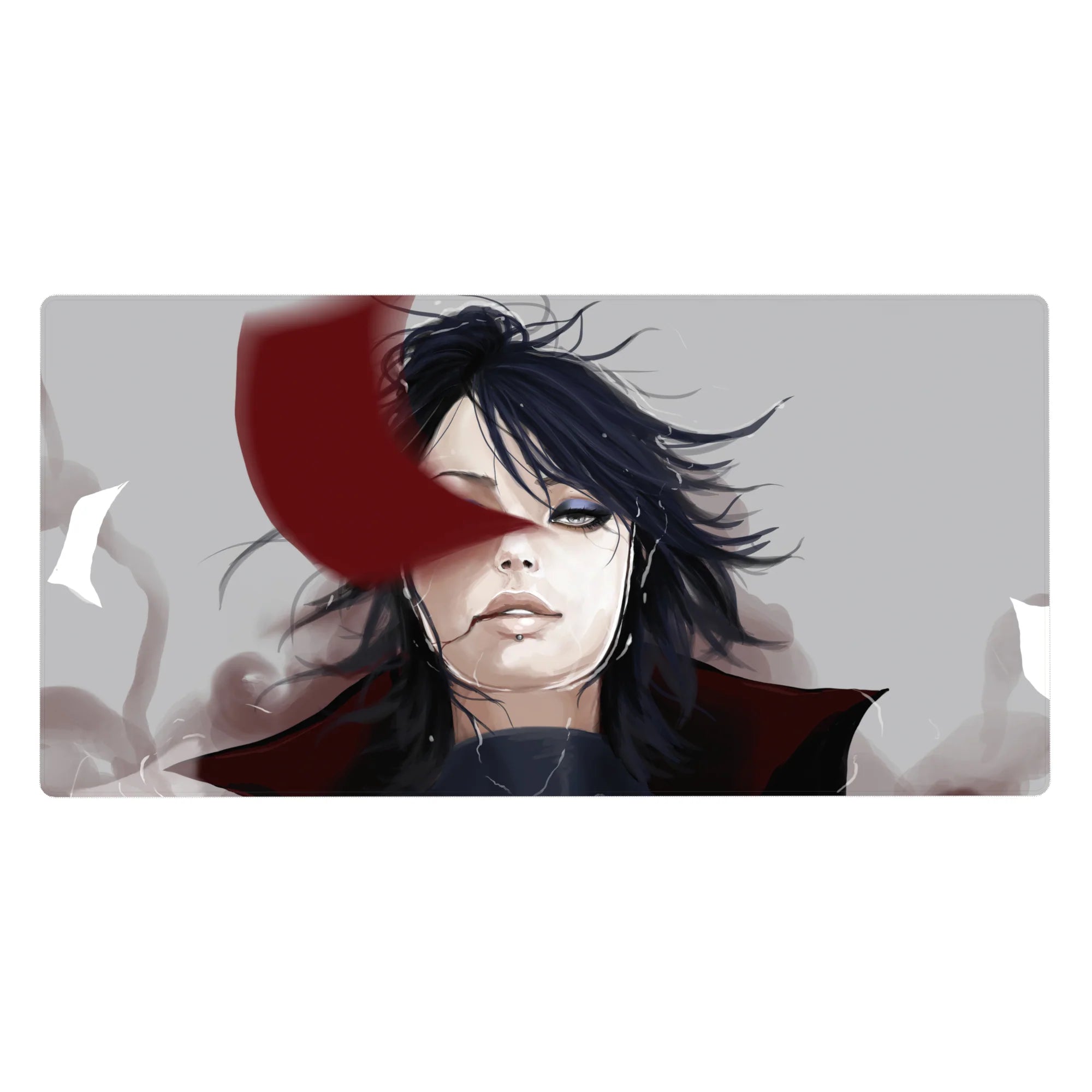 Anime desk pad 40x20 inches with dramatic black-haired character and crimson face ribbon, smoky background.