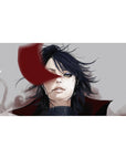 Anime desk pad 40x20 inches with dramatic black-haired character and crimson face ribbon, smoky background.
