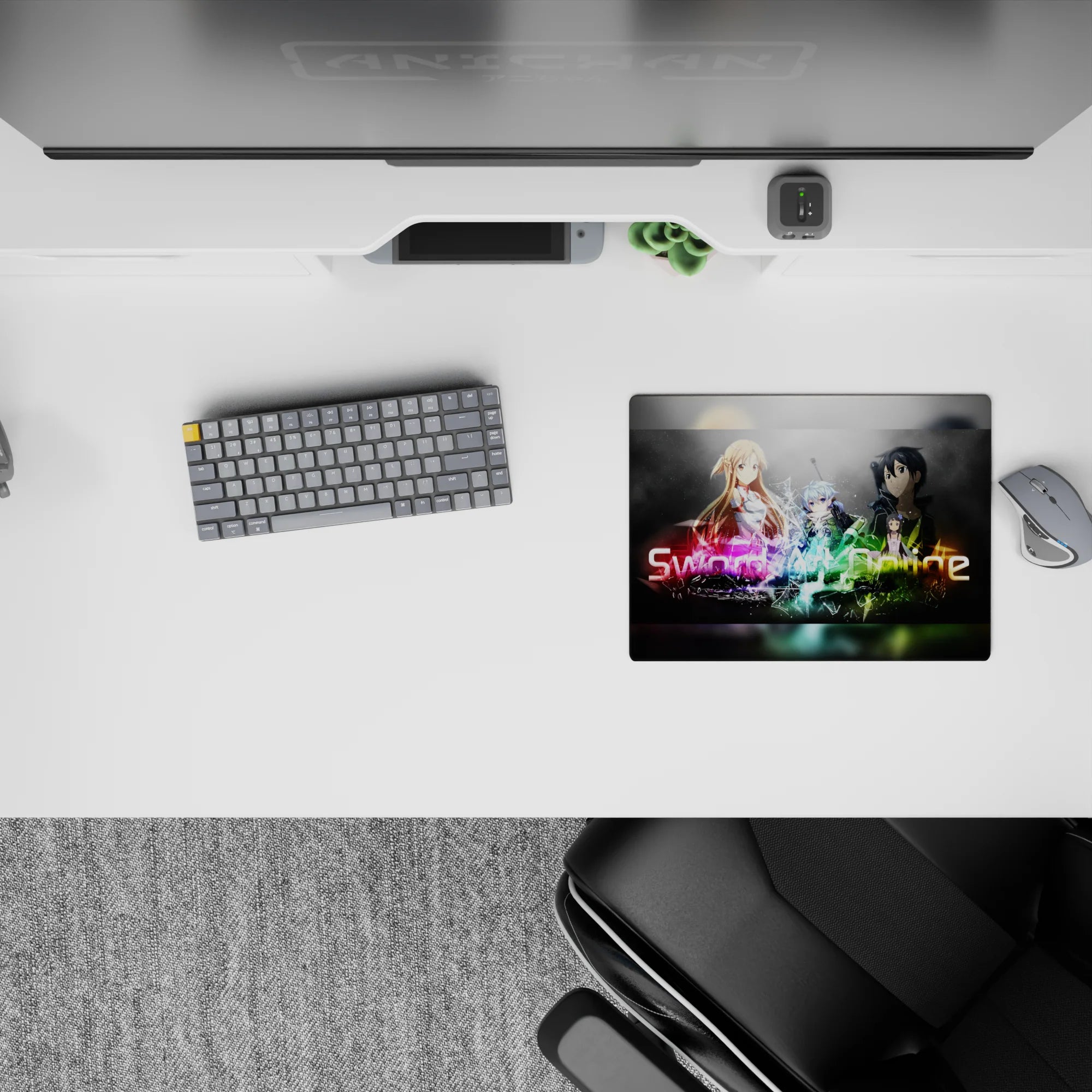 Sword Art Online mouse pad featuring Kirito, Asuna, Sinon, and Leafa, 14x10 inches, vibrant neon colors, perfect for fans.