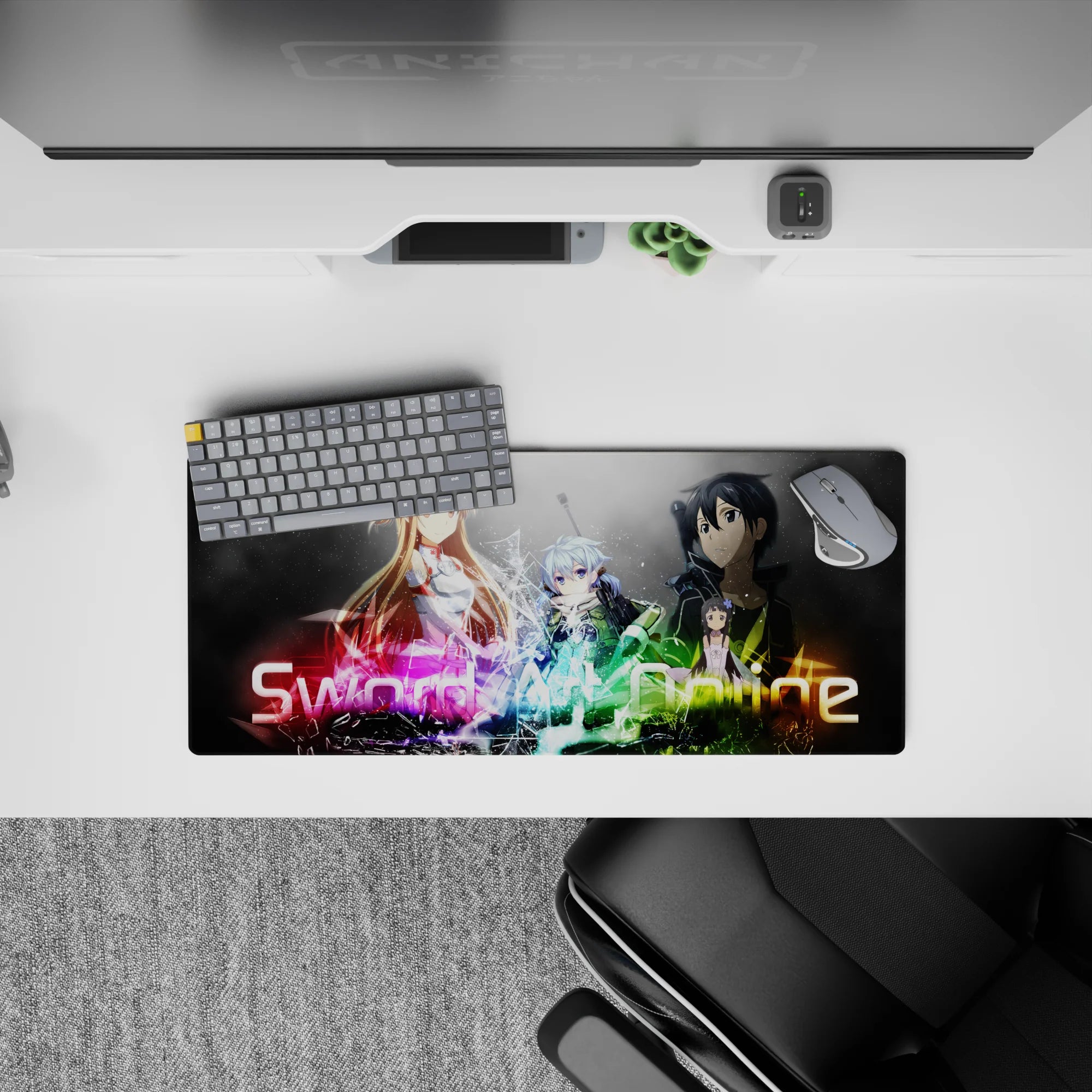 Sword Art Online mouse pad 28x12 inches featuring Kirito, Asuna, Sinon, and Leafa with vibrant neon colors and dynamic design.