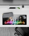 Sword Art Online mouse pad 28x12 inches featuring Kirito, Asuna, Sinon, and Leafa with vibrant neon colors and dynamic design.