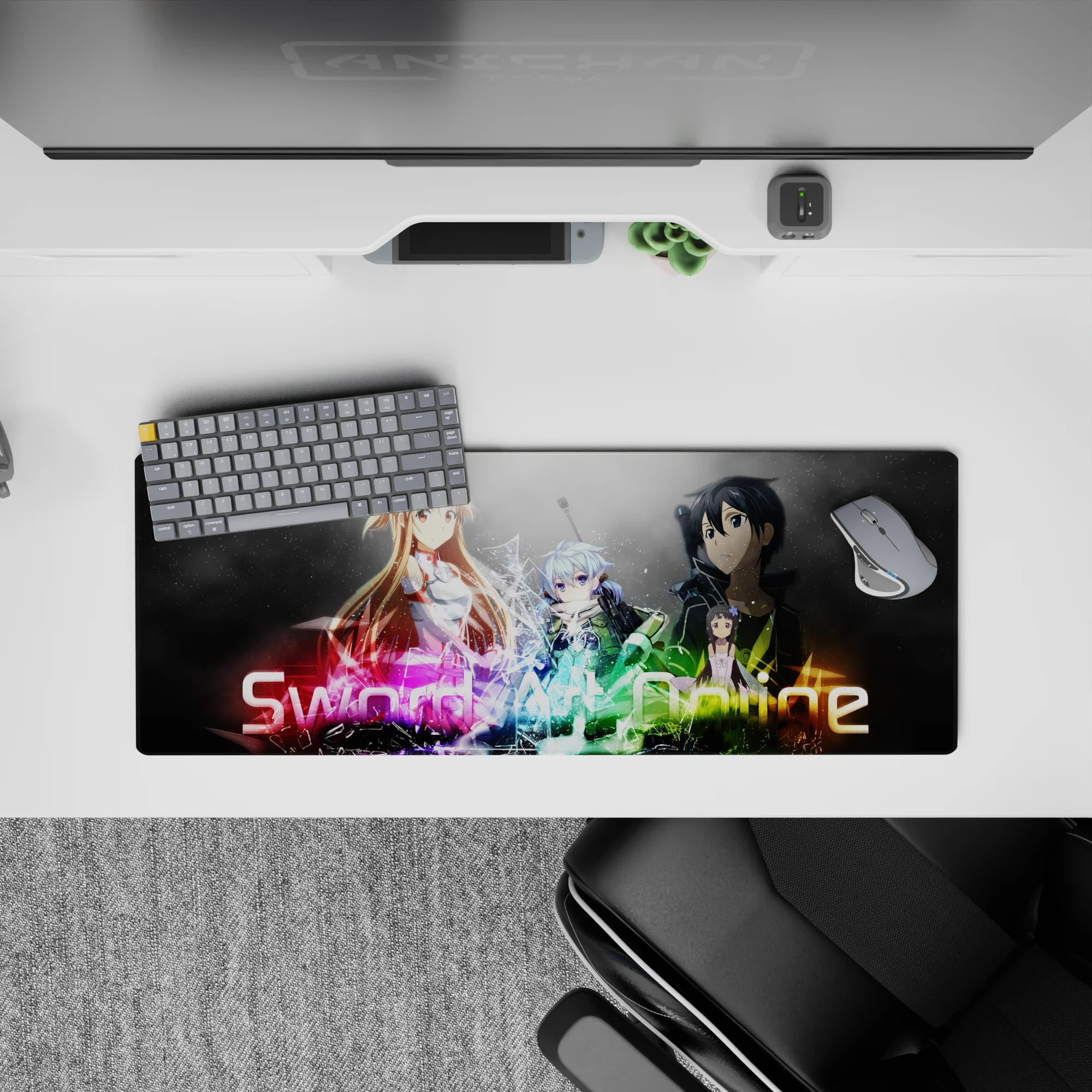Sword Art Online mouse pad 32x12 inches featuring vibrant colors with iconic characters in reds, greens, purples, and gold.