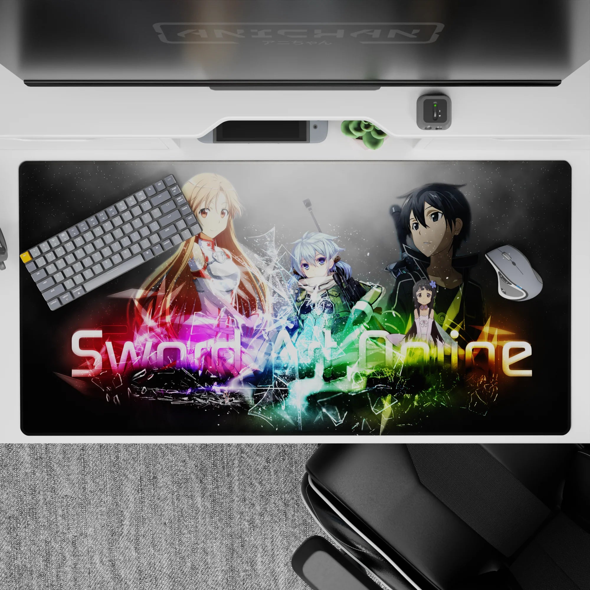 Desk pad featuring Sword Art Online characters with vibrant colors, size 40x20 inches, perfect for anime fans.