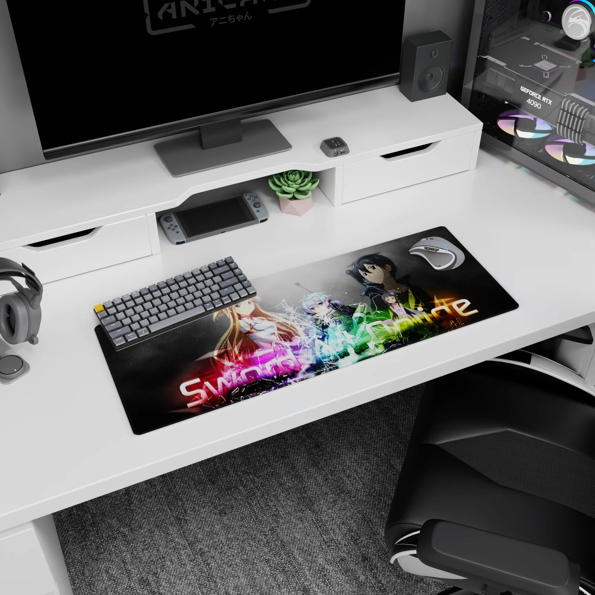 Sword Art Online anime mouse pad, 32x12 inches, featuring vibrant colors and iconic characters in a dynamic digital explosion.