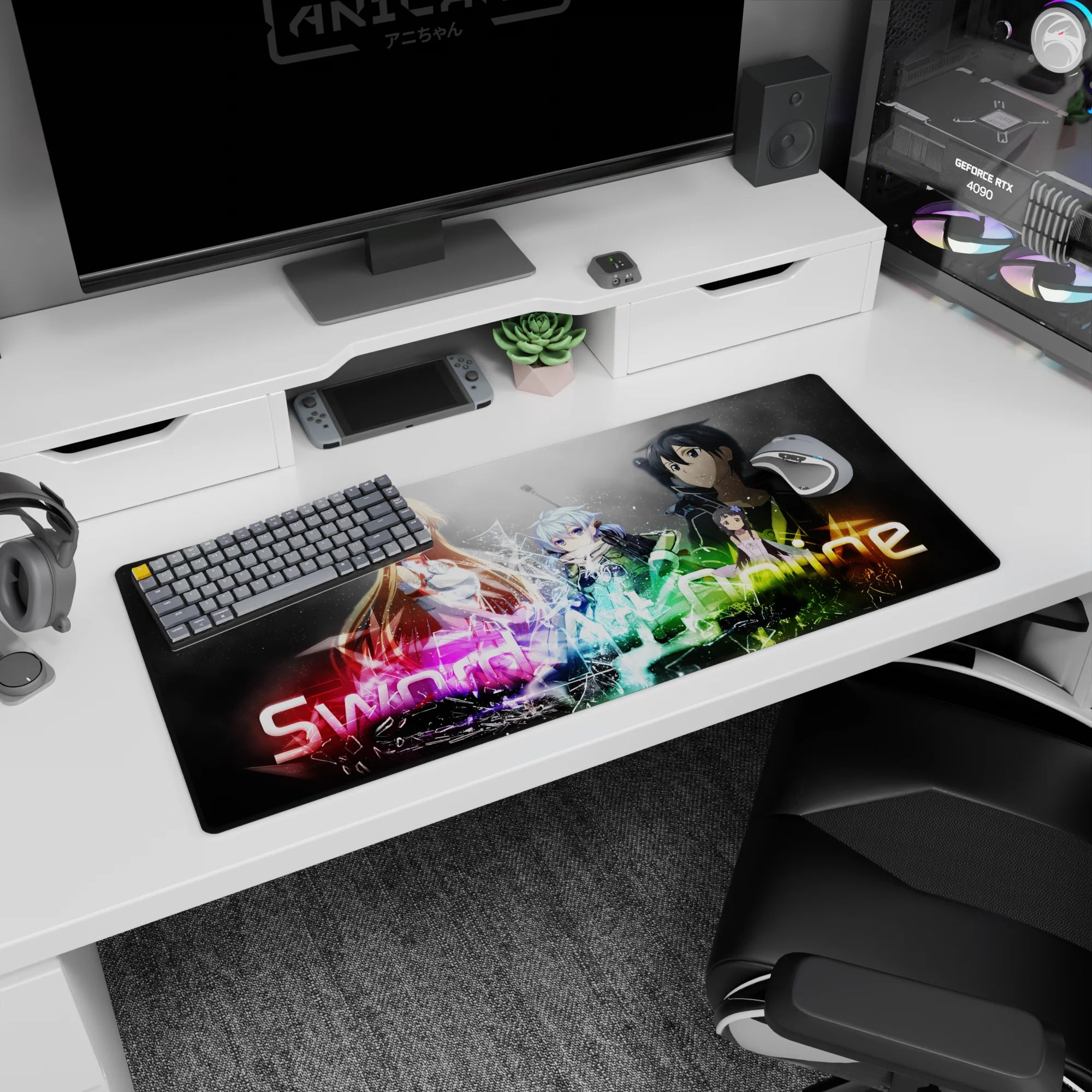 Sword Art Online 36x16 inch desk pad featuring vibrant colors and iconic faces bursting with energy and emotion.