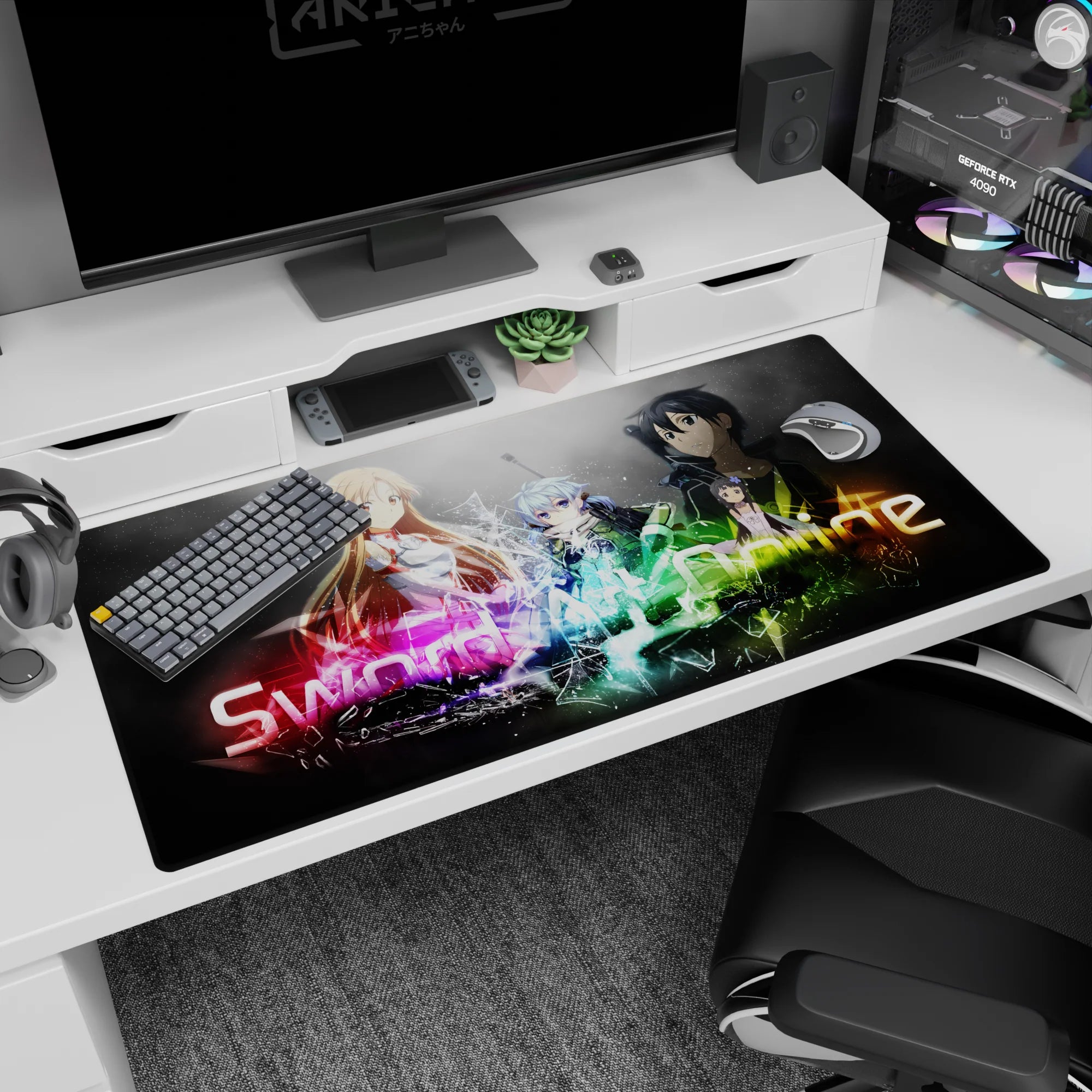 Sword Art Online desk pad, 40x20 inches, featuring vibrant colors and iconic characters, perfect for anime fans.
