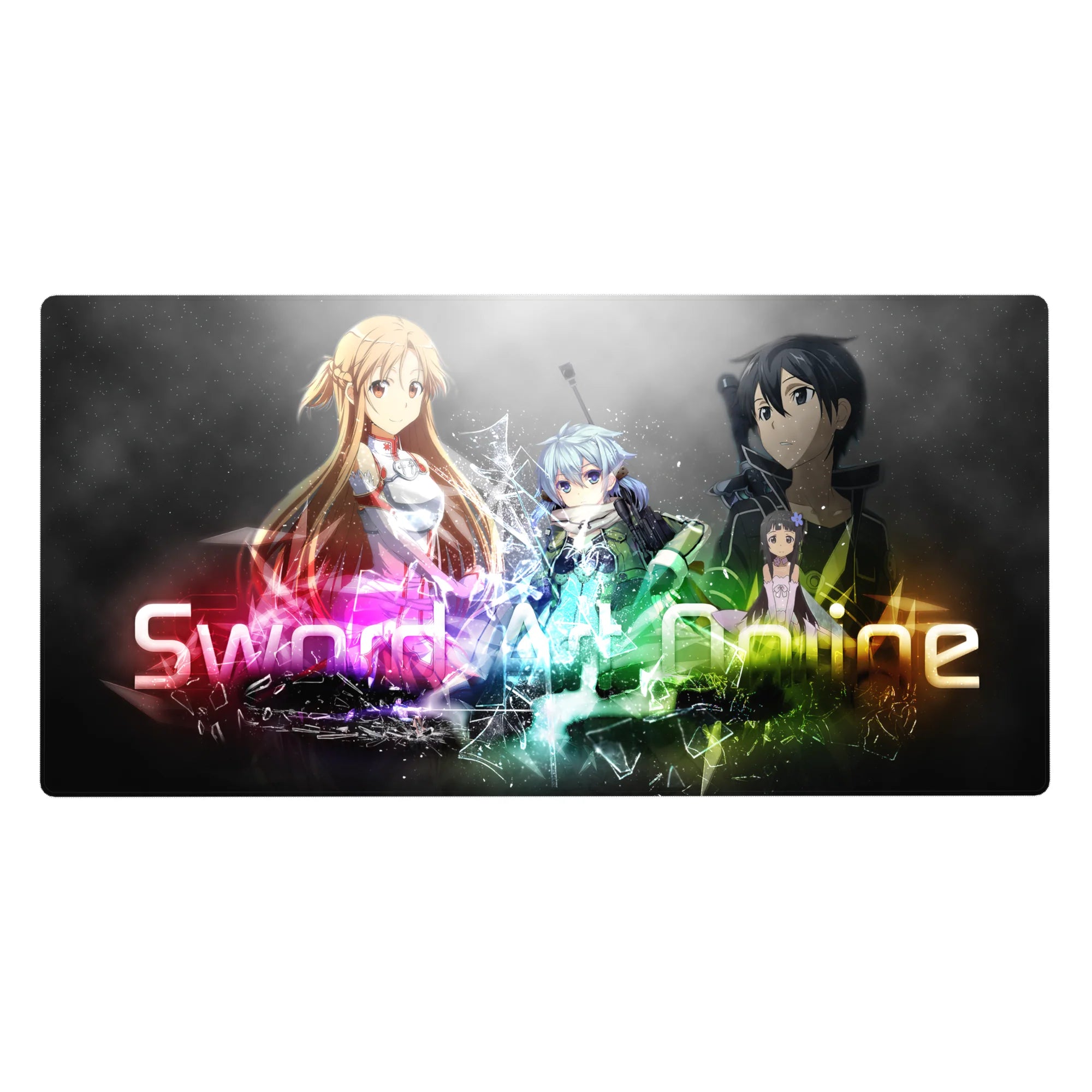 Sword Art Online desk pad 40x20 inches with vivid colors and iconic anime characters glowing in reds, greens, purples, and gold.