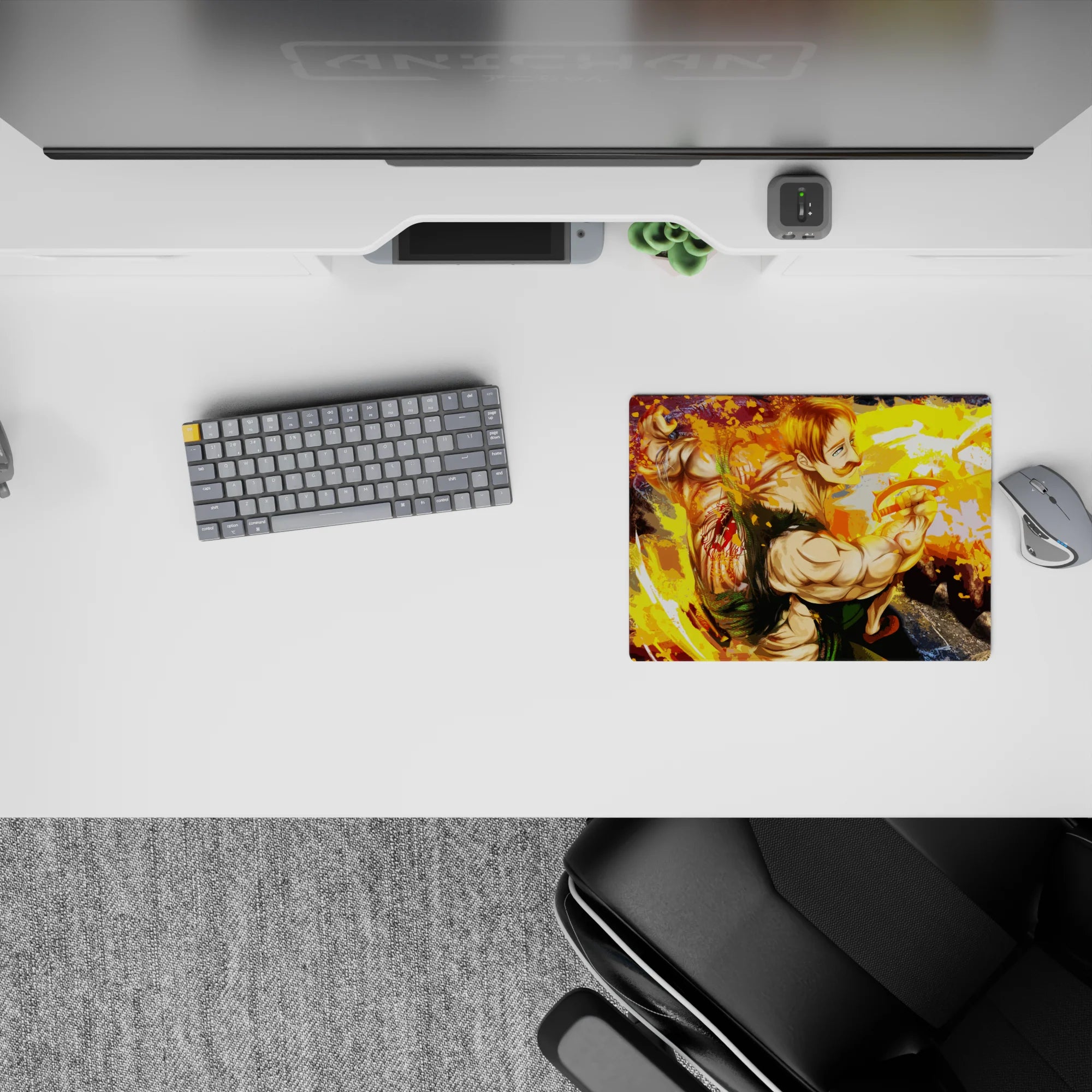Vibrant gold and orange swirl anime mouse pad 14x10 inches with bold green outfit and high-impact action vibe.