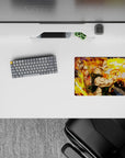 Vibrant gold and orange swirl anime mouse pad 14x10 inches with bold green outfit and high-impact action vibe.