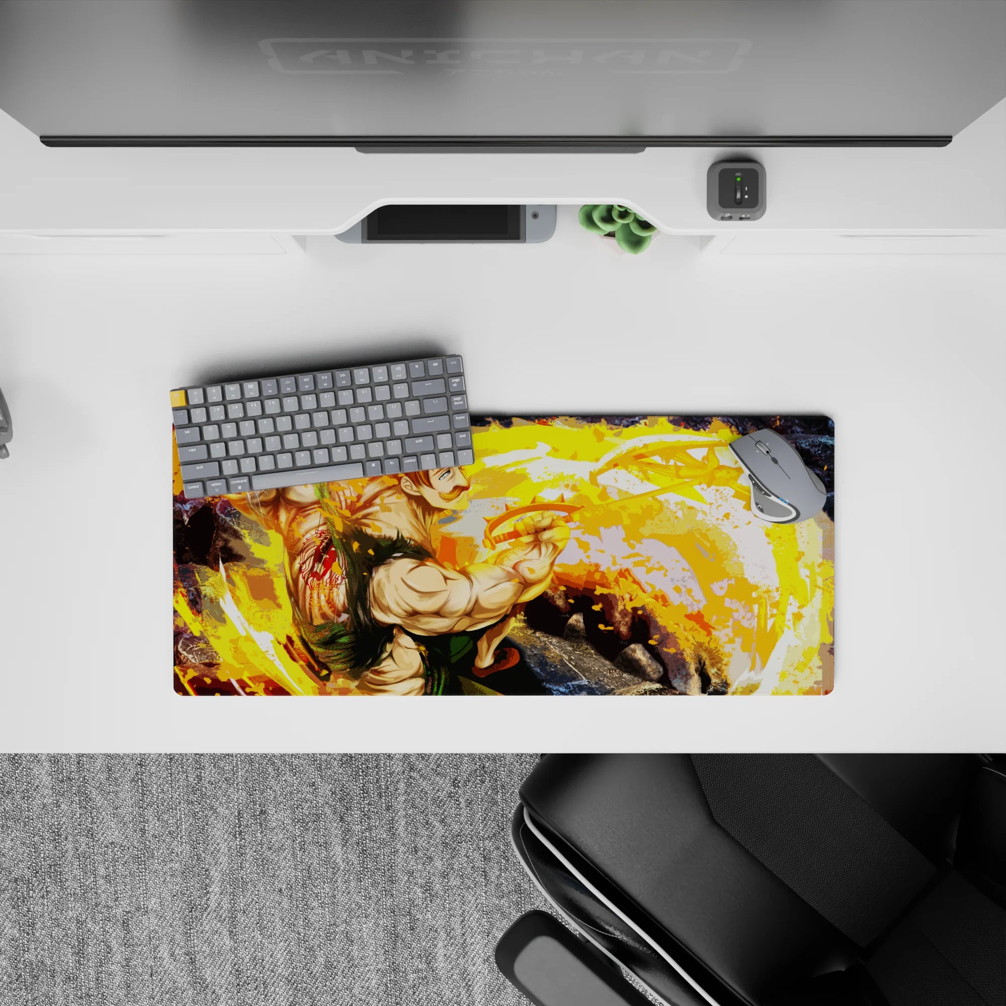 28x12 inches anime mouse pad in blazing gold and orange swirls with bold green outfit and high-impact vibe.