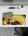 28x12 inches anime mouse pad in blazing gold and orange swirls with bold green outfit and high-impact vibe.