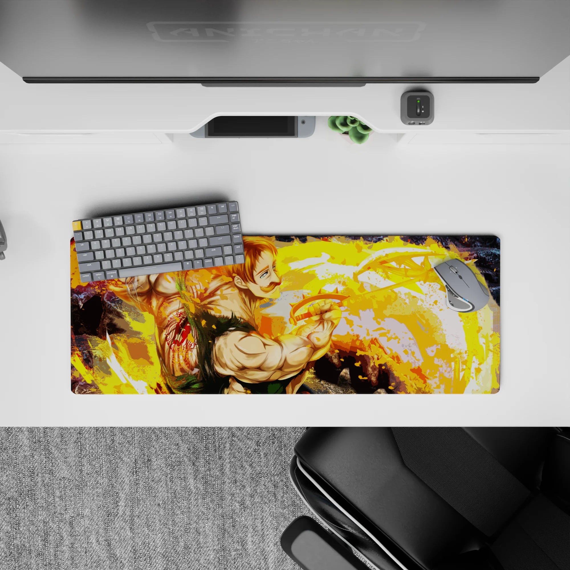 32x12 inches anime mouse pad in blazing gold and orange swirls, green outfit accents, fast confident vibe.