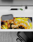 32x12 inches anime mouse pad in blazing gold and orange swirls, green outfit accents, fast confident vibe.