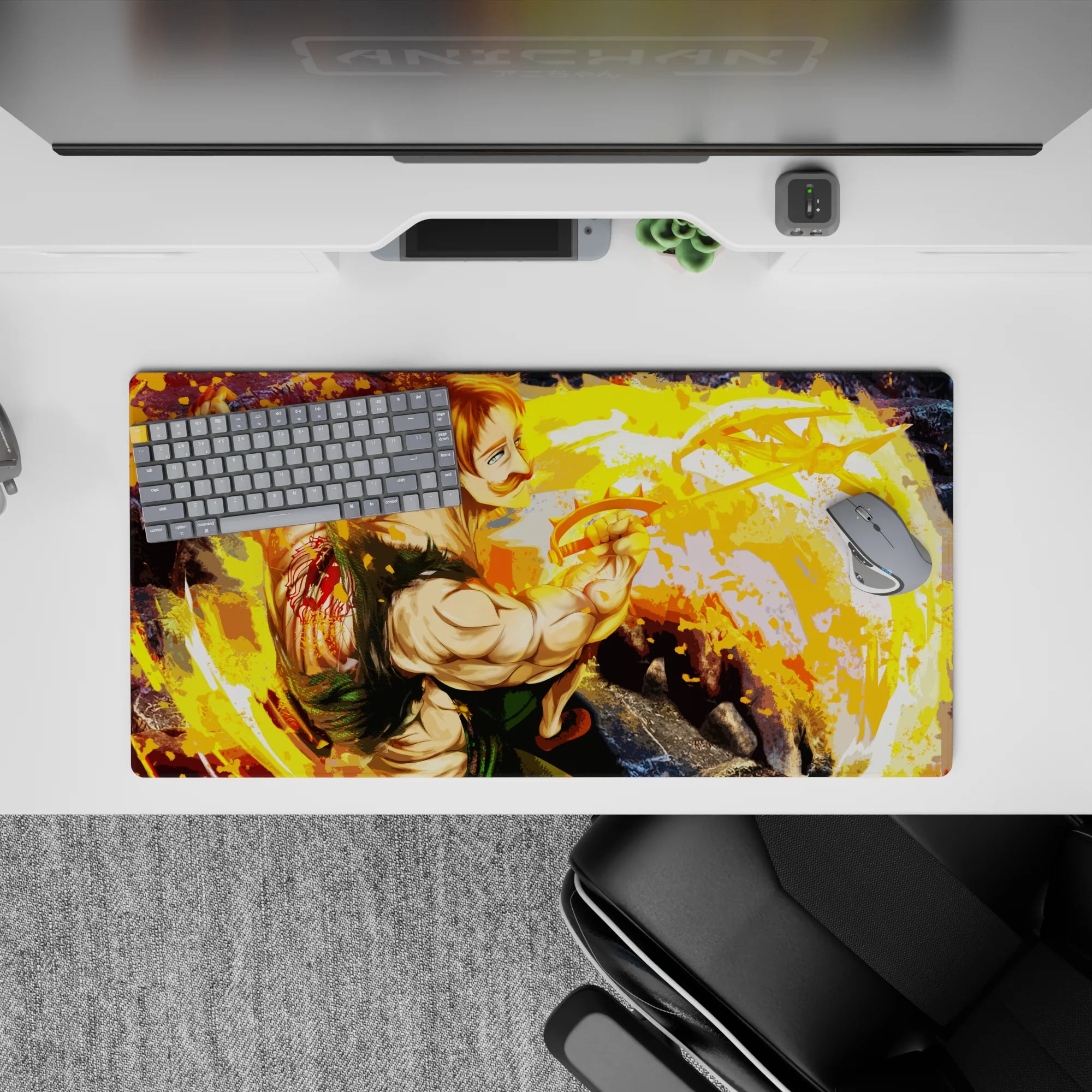 32x16 inches anime mouse pad in blazing gold and orange swirls, bold paint-splash action vibe.