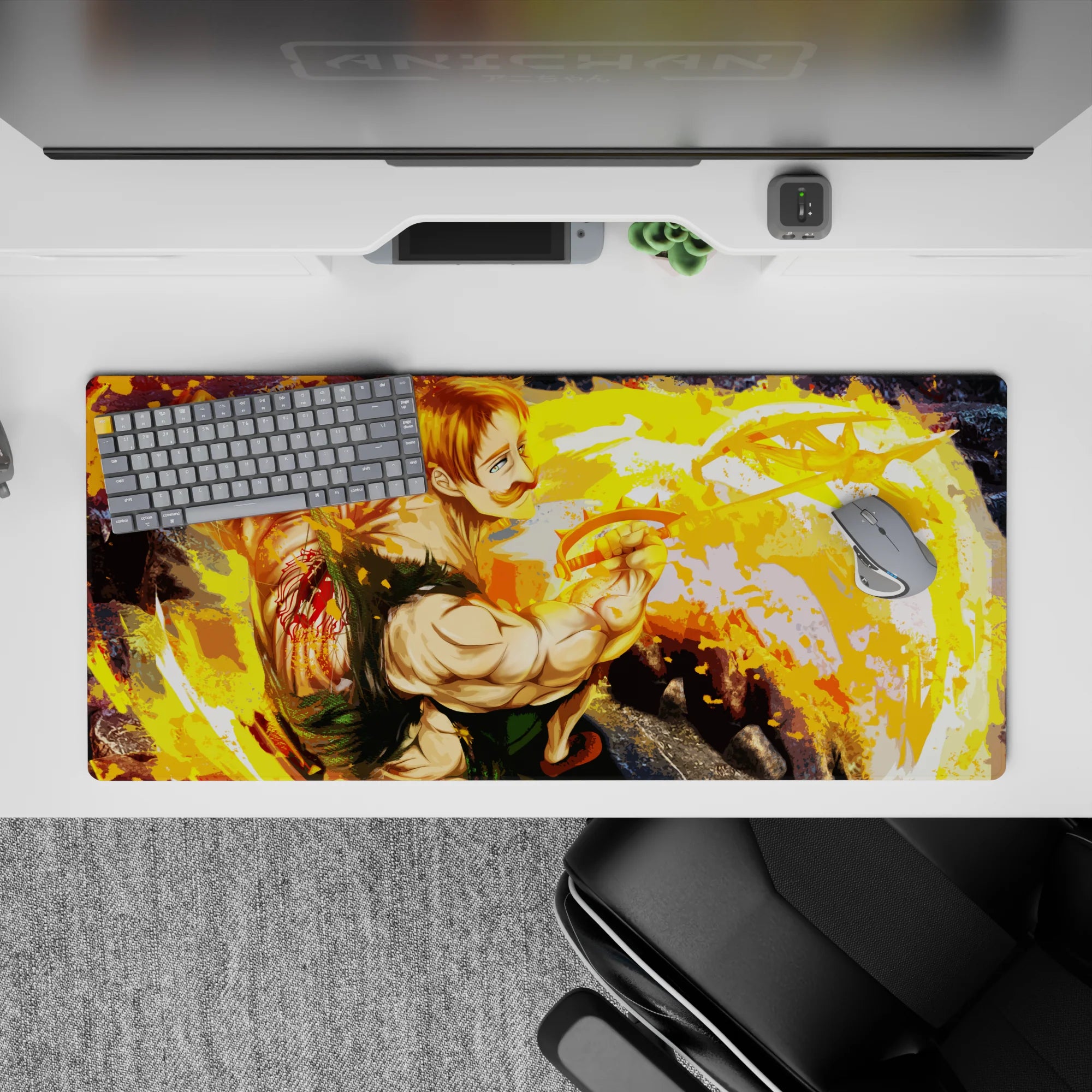 36x16 inches anime desk pad in blazing gold and orange swirls, bold green accents, high-impact action mood.