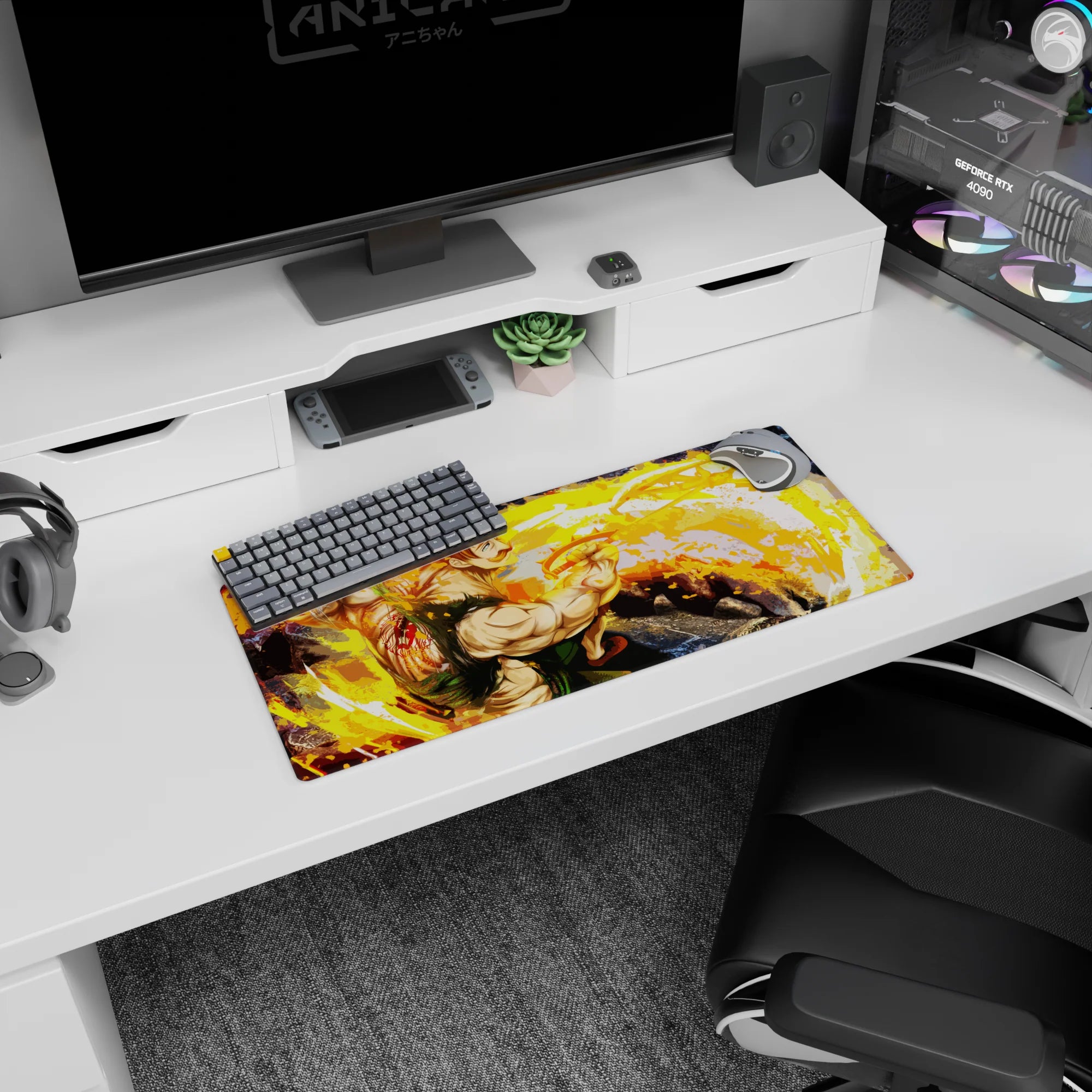 28x12 inches anime mouse pad showing a mustached fighter twisting mid-strike, paint-splash aura as a finisher.