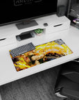 28x12 inches anime mouse pad showing a mustached fighter twisting mid-strike, paint-splash aura as a finisher.