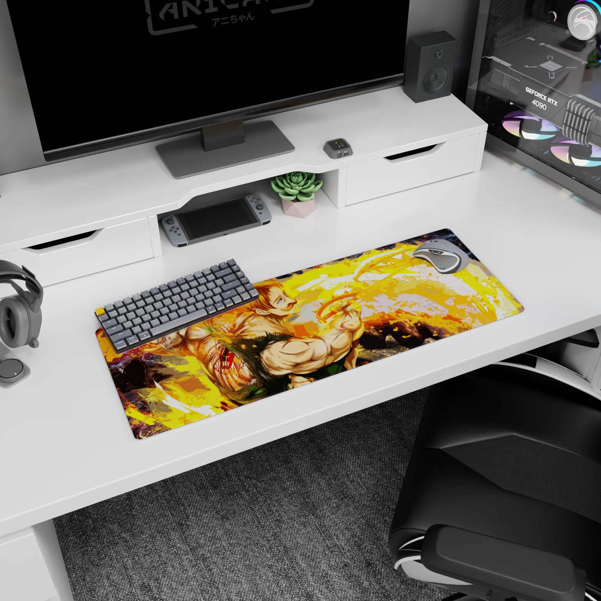 32x12 inches anime mouse pad showing a mustached muscular fighter twisting mid-strike with swirling energy.
