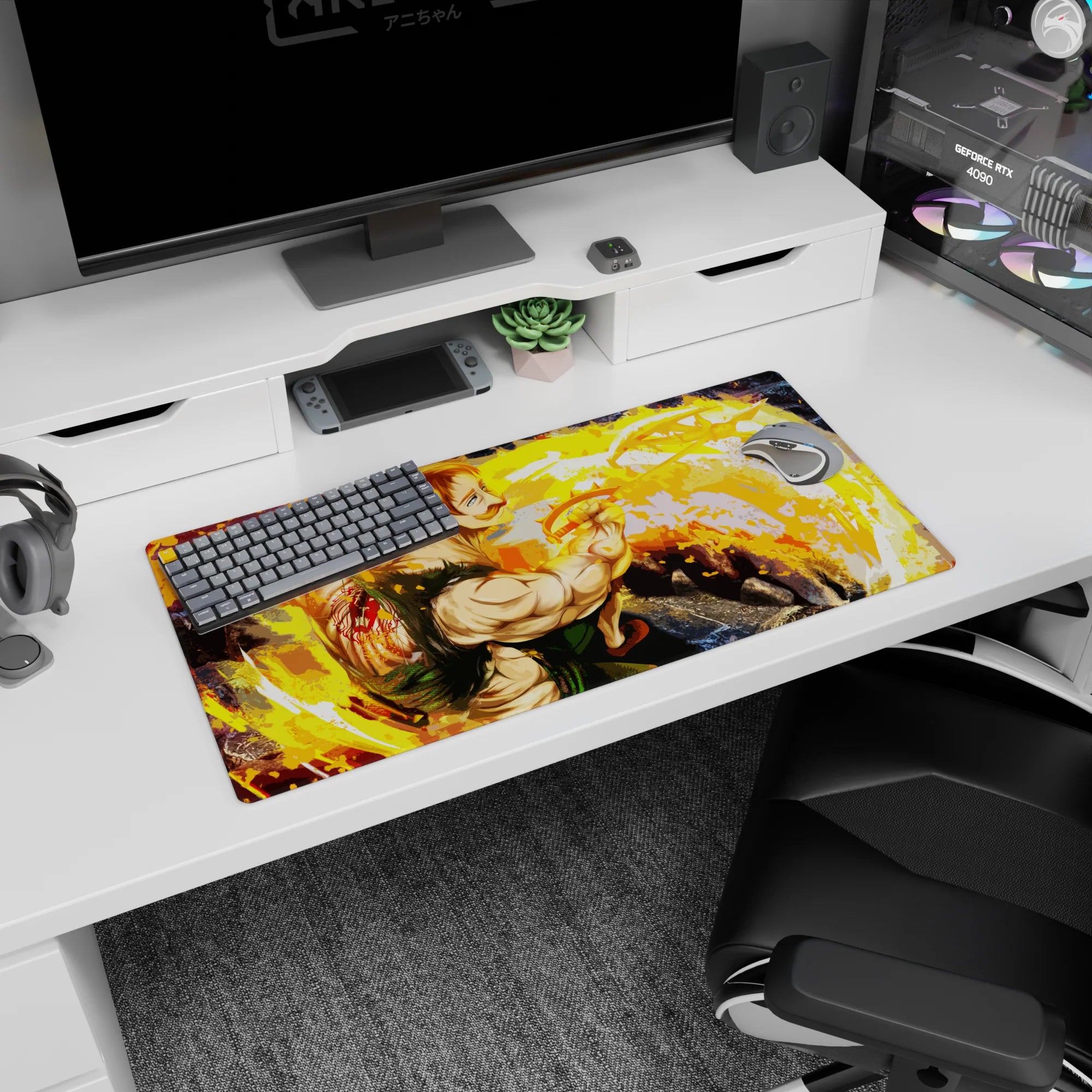 32x16 inches anime mouse pad showing mustached fighter twisting mid-strike with bracers and flames.