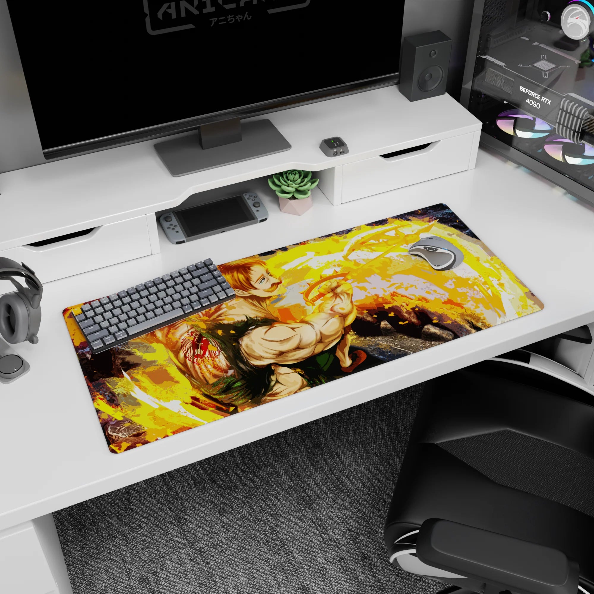 36x16 inches anime desk pad showing mustached martial artist twisting mid-strike with glowing energy rings.
