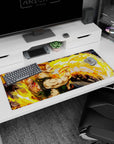 36x16 inches anime desk pad showing mustached martial artist twisting mid-strike with glowing energy rings.