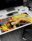 Mustached powerhouse twists mid-strike on anime desk pad 40x20 inches, bracers and swirling aura.