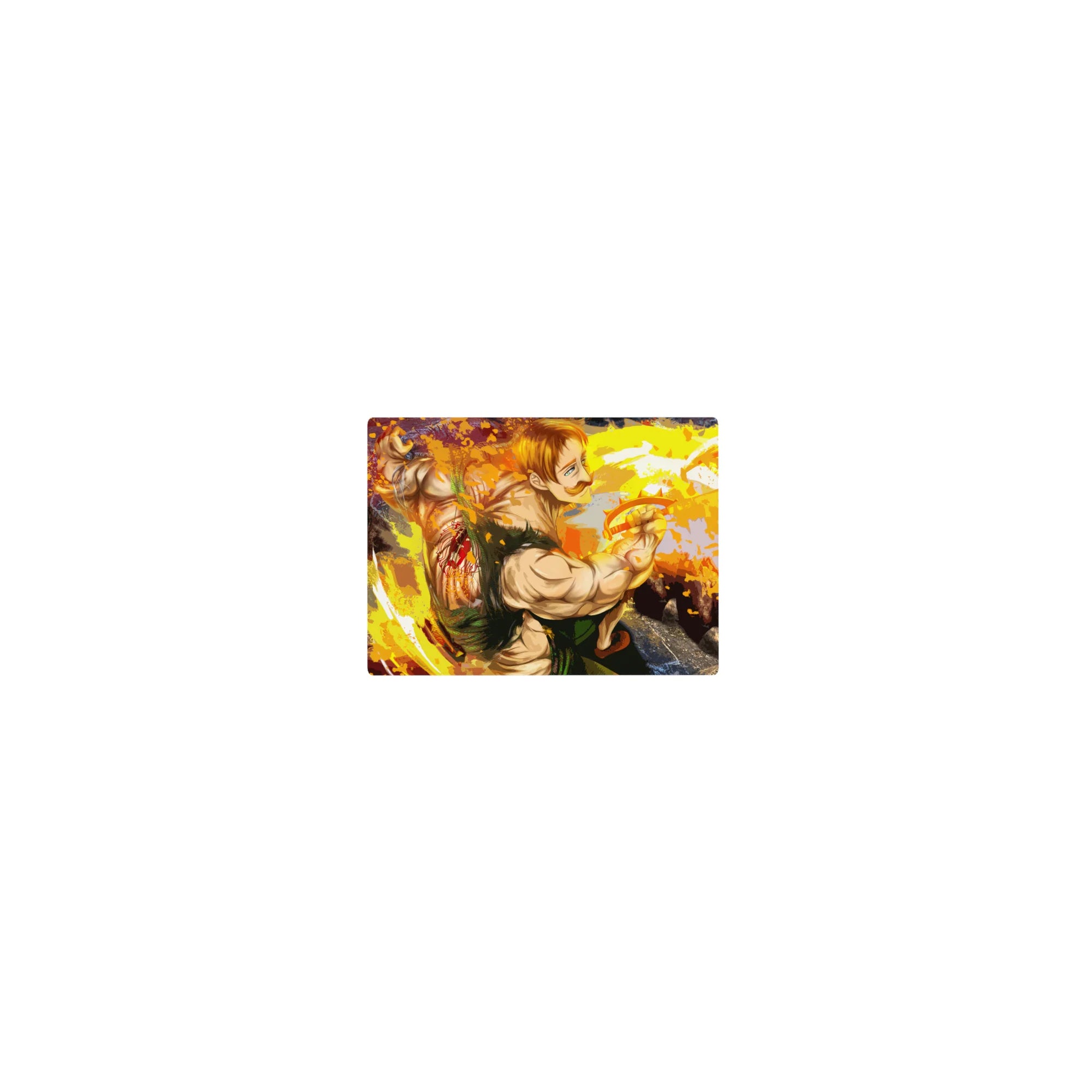 Classic anime mouse pad 14x10 inches with a mustached fighter and paint-splash energy rings on rocky shadows.