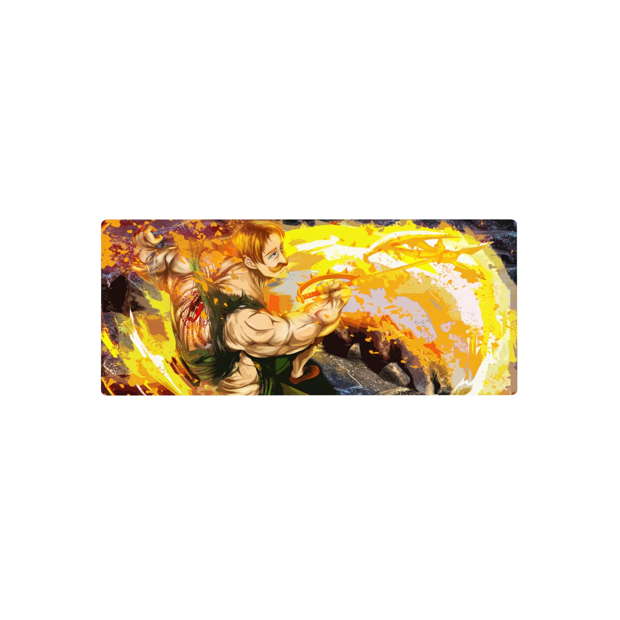 28x12 inches anime mouse pad with powerhouse fighter art, energy rings, rocky shadows, and bracer details.