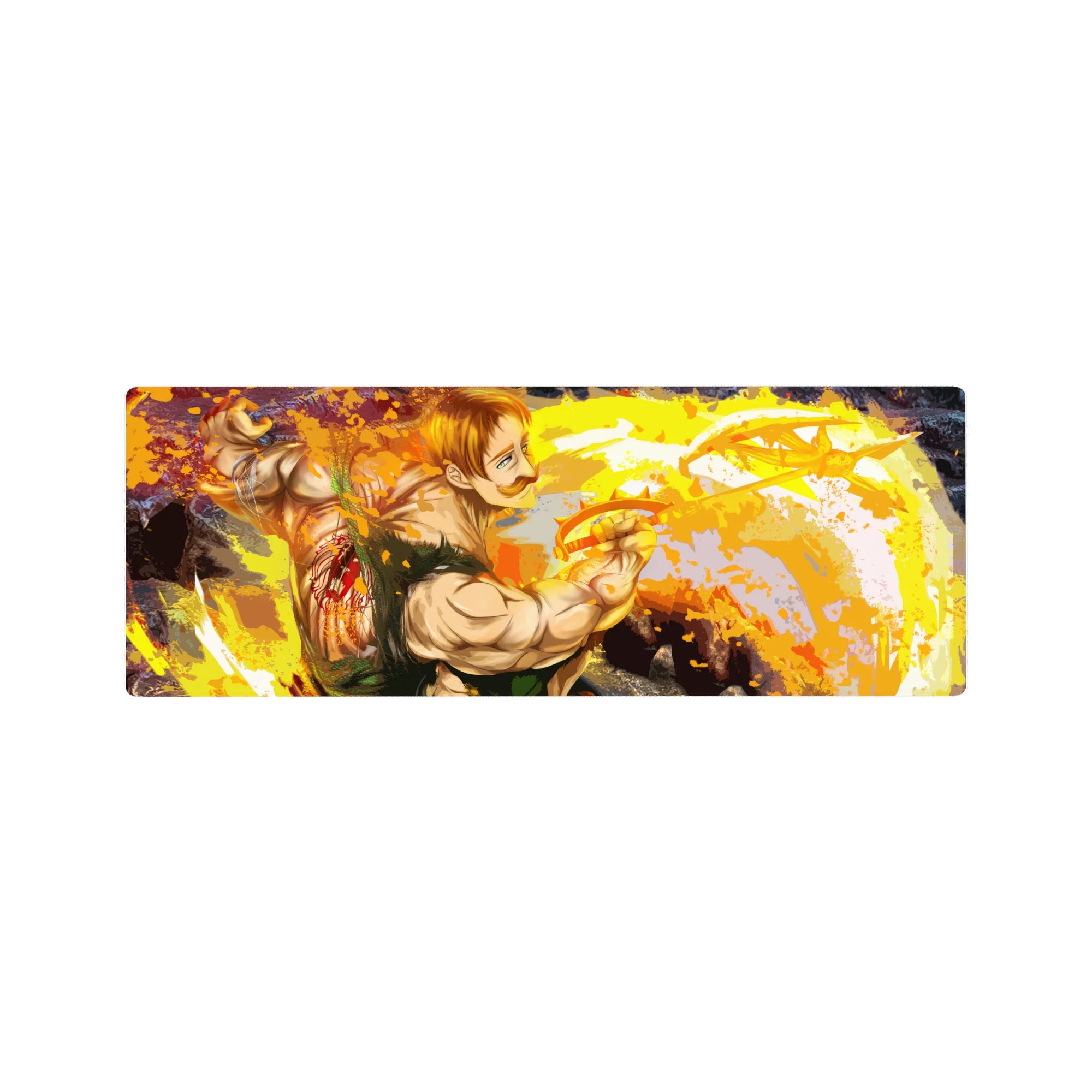 32x12 inches anime mouse pad with powerhouse fighter, energy rings, rocky shadows, and bold paint-splash art.