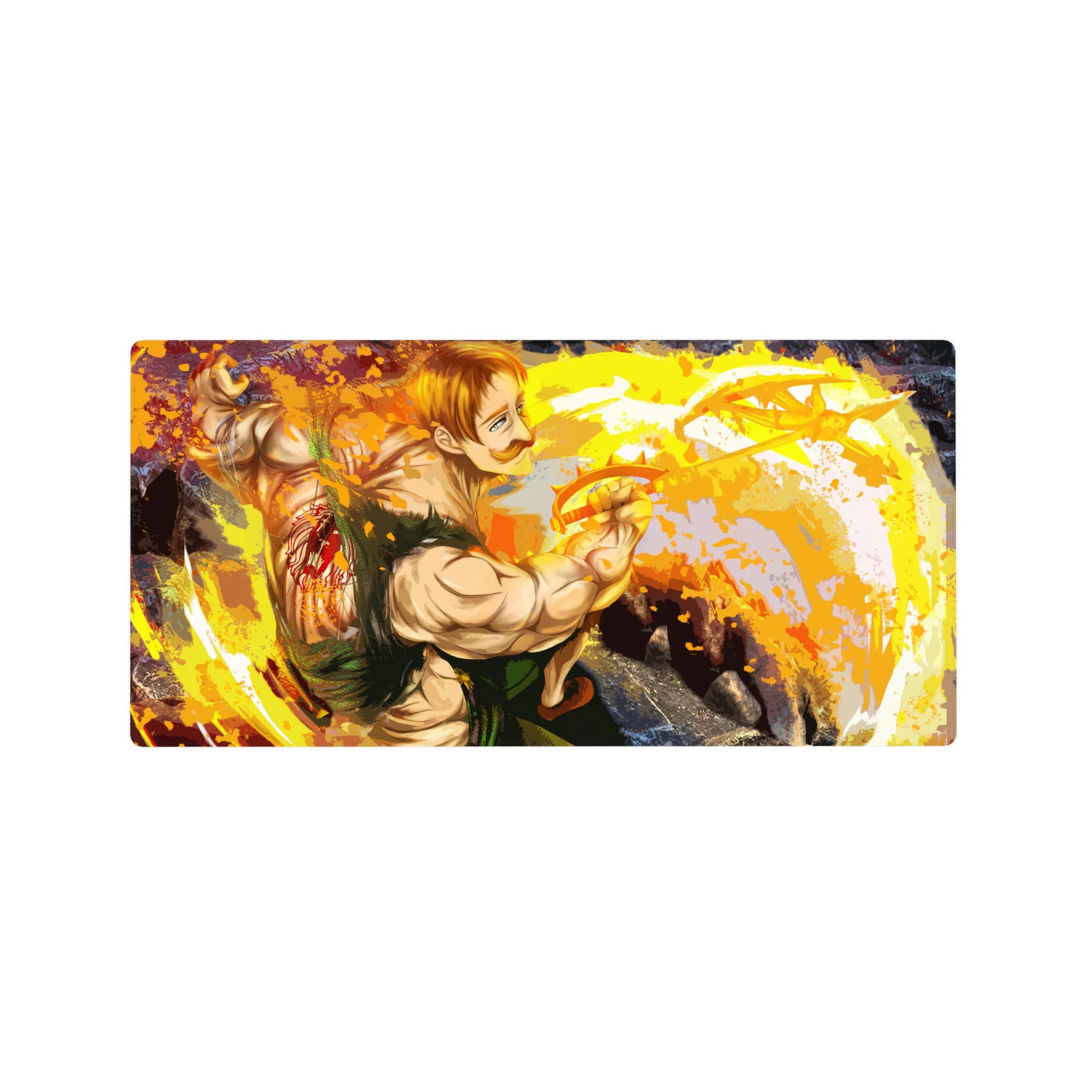 32x16 inches anime mouse pad with powerhouse fighter, green outfit, energy rings, rocky backdrop.